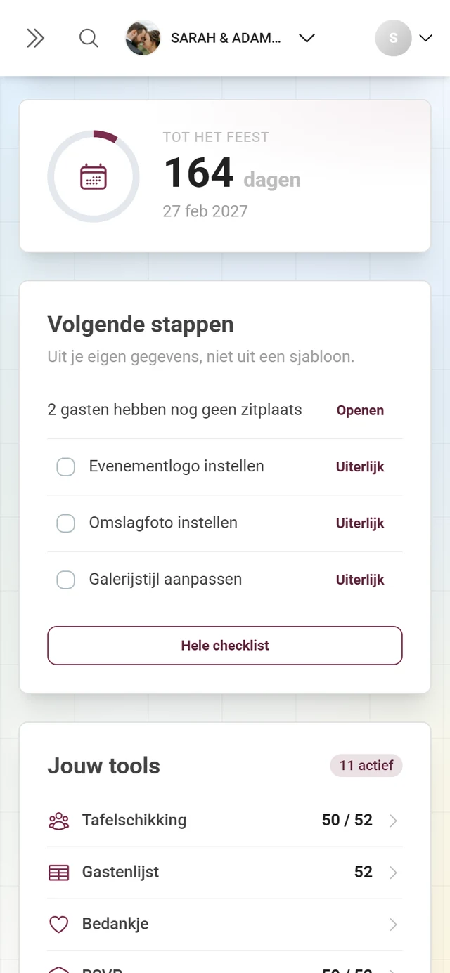 Dashboardkaart Volgende stappen met afgeleide stappen en openstaande taken