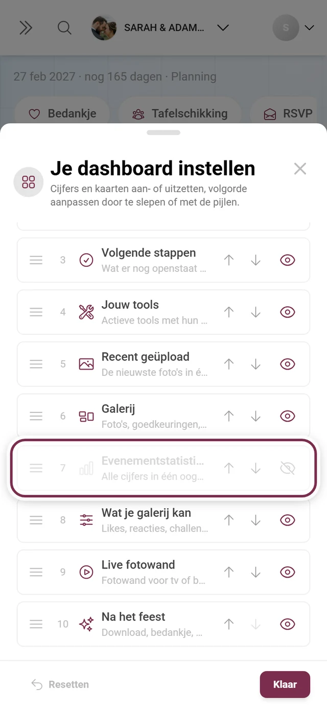 Dialoogvenster Dashboard instellen met de gemarkeerde kaart Evenementstatistieken