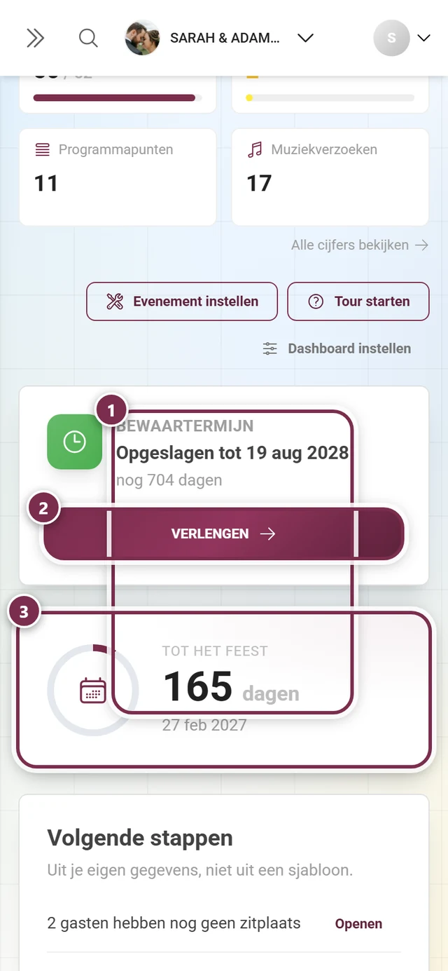 De kaarten Bewaartermijn en Countdown in het dashboard