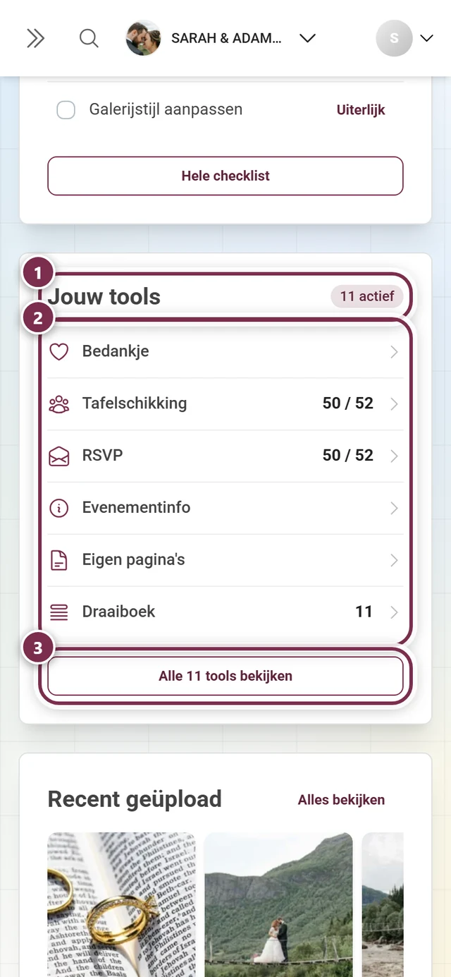 Dashboardkaart Jouw tools met actieve tools en hun aantallen