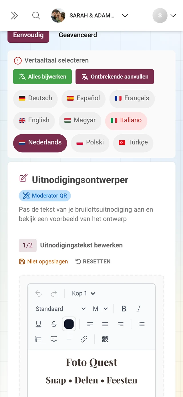 Snelle sjabloon-editor met werkbalk om tekst toe te voegen en de uitnodiging vorm te geven