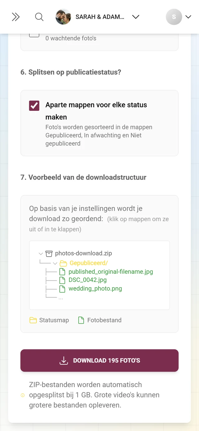 Stap 7 met de mapboom van het ZIP-archief en de downloadknop
