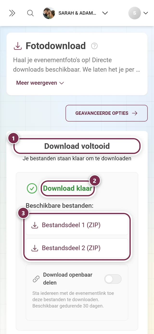 Resultaatscherm met de kop Download voltooid, de groene melding Download klaar en twee ZIP-delen, alle gemarkeerd