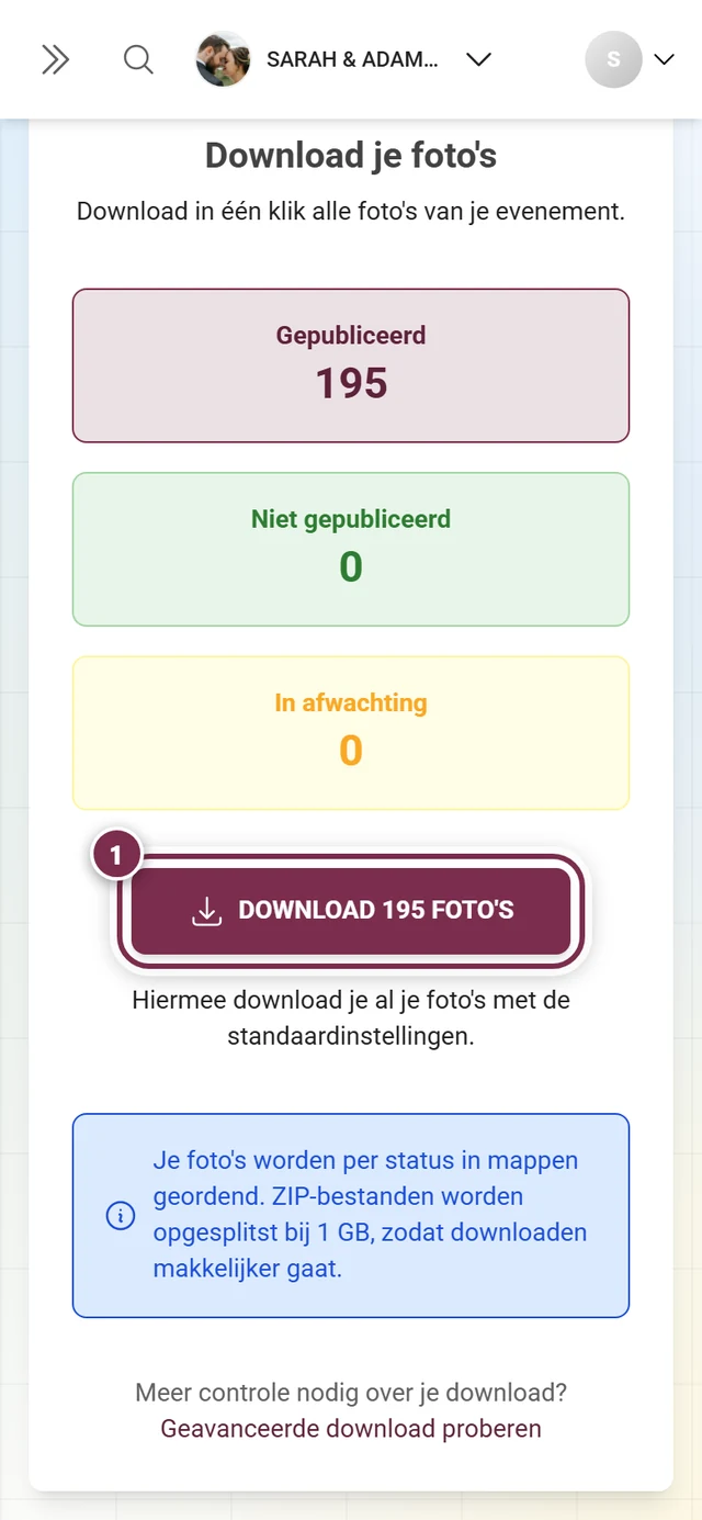 De downloadknop met het aantal foto's, gemarkeerd