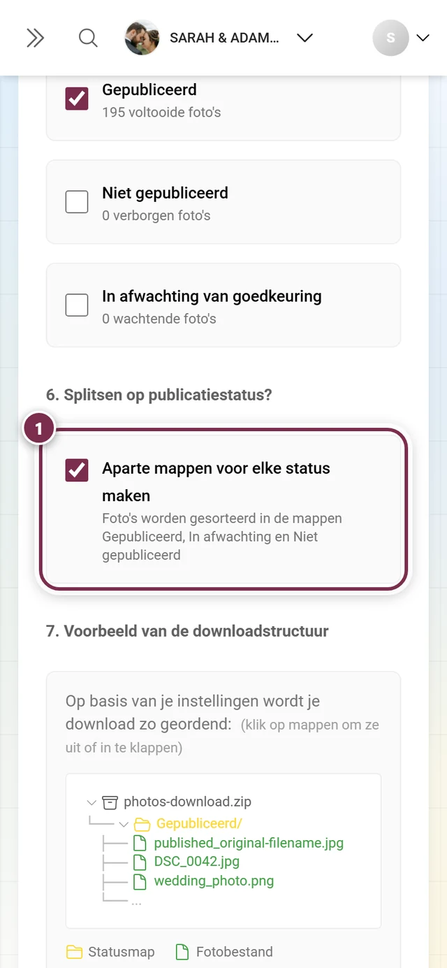Stap 6 met het selectievakje voor het splitsen op status en de mapstructuurvoorbeeld, gemarkeerd