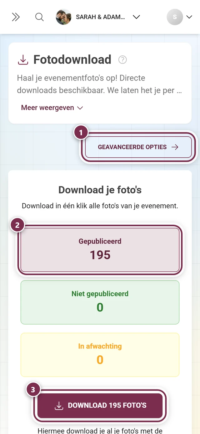 Downloadpagina in het beheerpaneel, met de knop Geavanceerde opties, de tegel Gepubliceerd en de downloadknop gemarkeerd