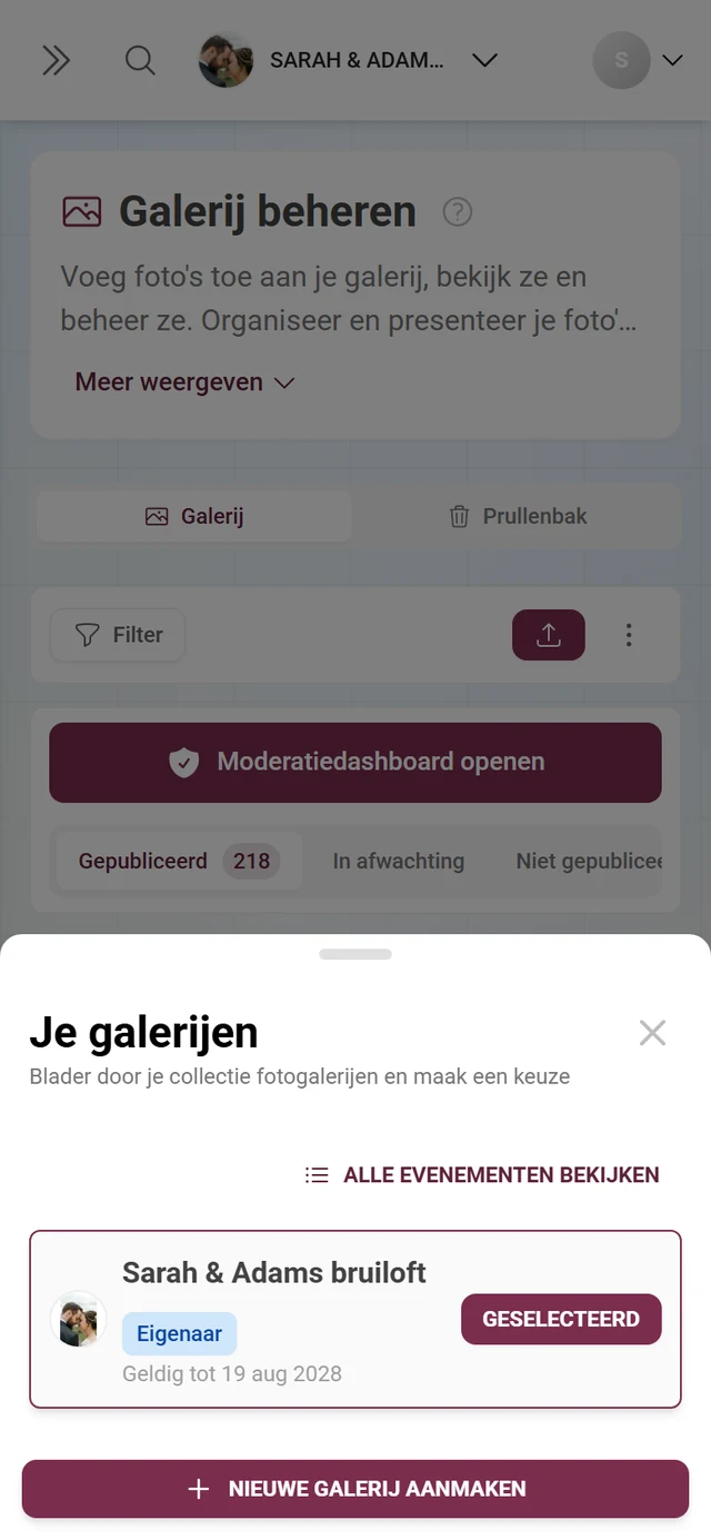 Dialoogvenster Je galerijen met een galerij, rolbadge Eigenaar en de knop Nieuwe galerij aanmaken
