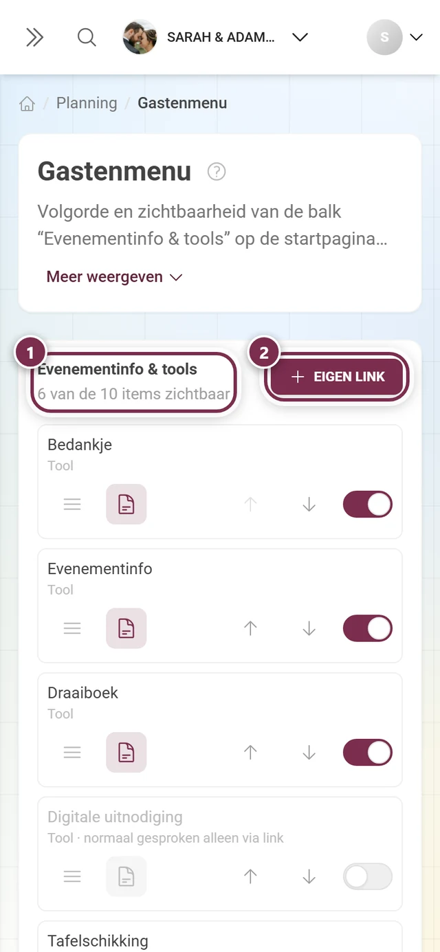 Editor voor het gastenmenu met titel, teller, de knop Eigen link en de sorteerbare lijst