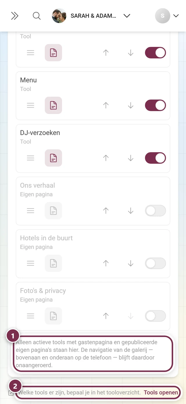 Onderkant van de pagina met voetnoot onder de lijst en de doorverwijzing naar het toolsoverzicht