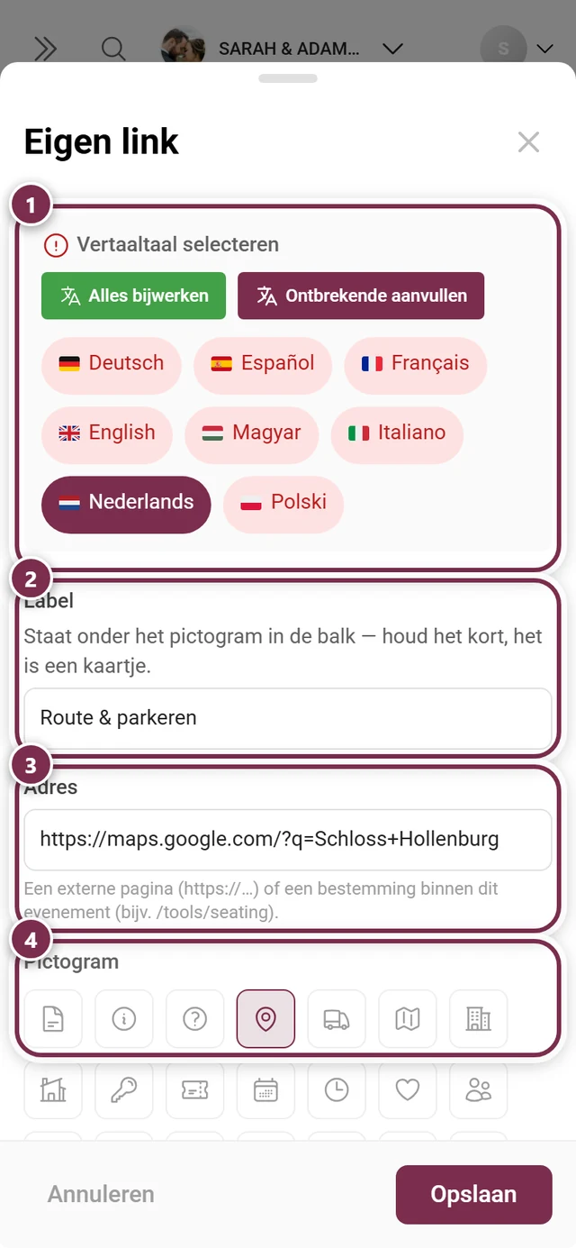 Dialoogvenster Eigen link met vertaaltaal, label, adres en symboolkeuze