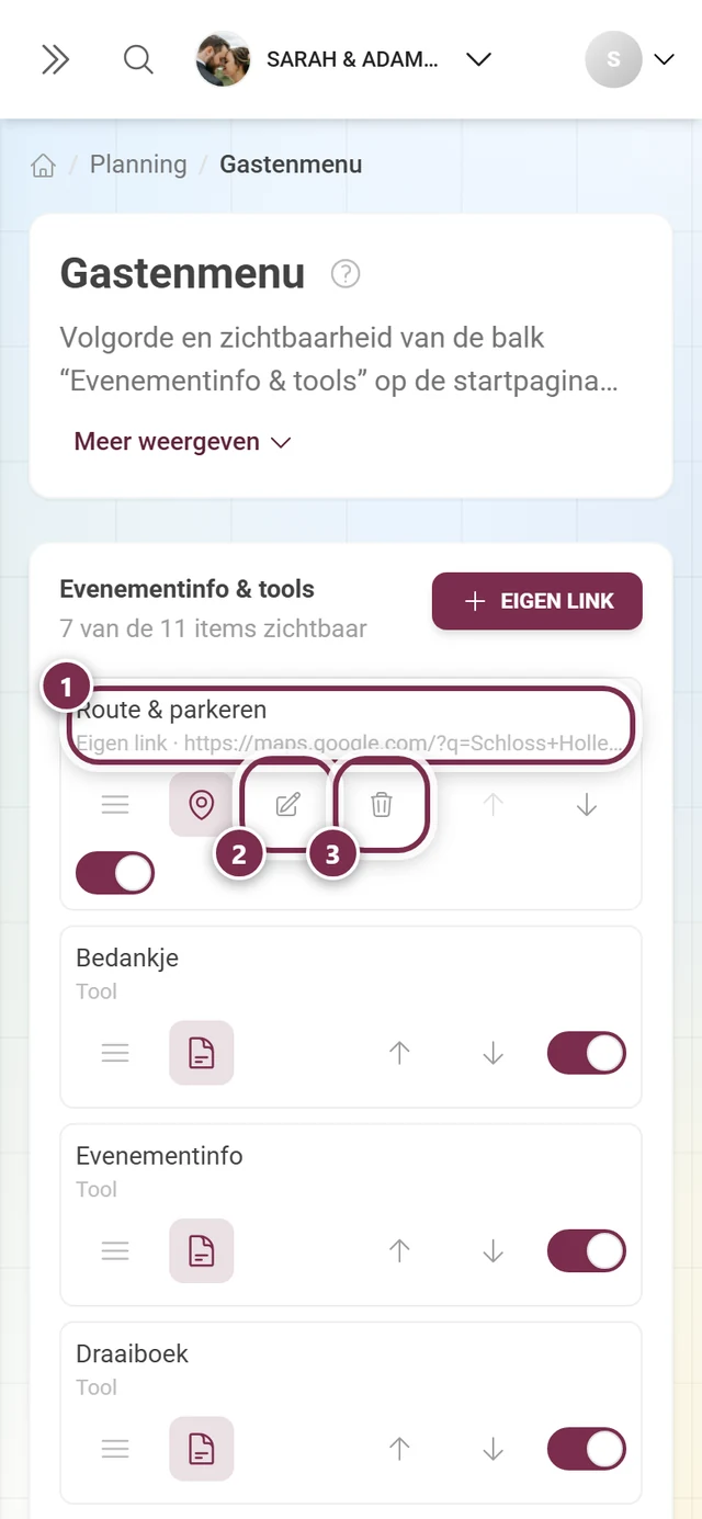 Regel van een eigen link met adres, potlood en prullenbak