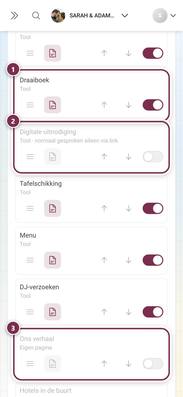 Drie regels van het gastenmenu met de soorten Tool, Tool alleen via link en Eigen pagina