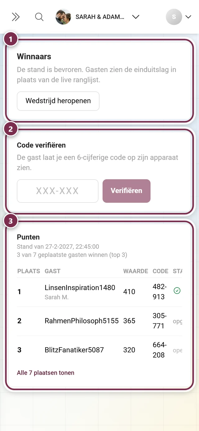 Winnaarspagina met het blok Winnaars, het veld Code verifiëren en de scoretabel Punten