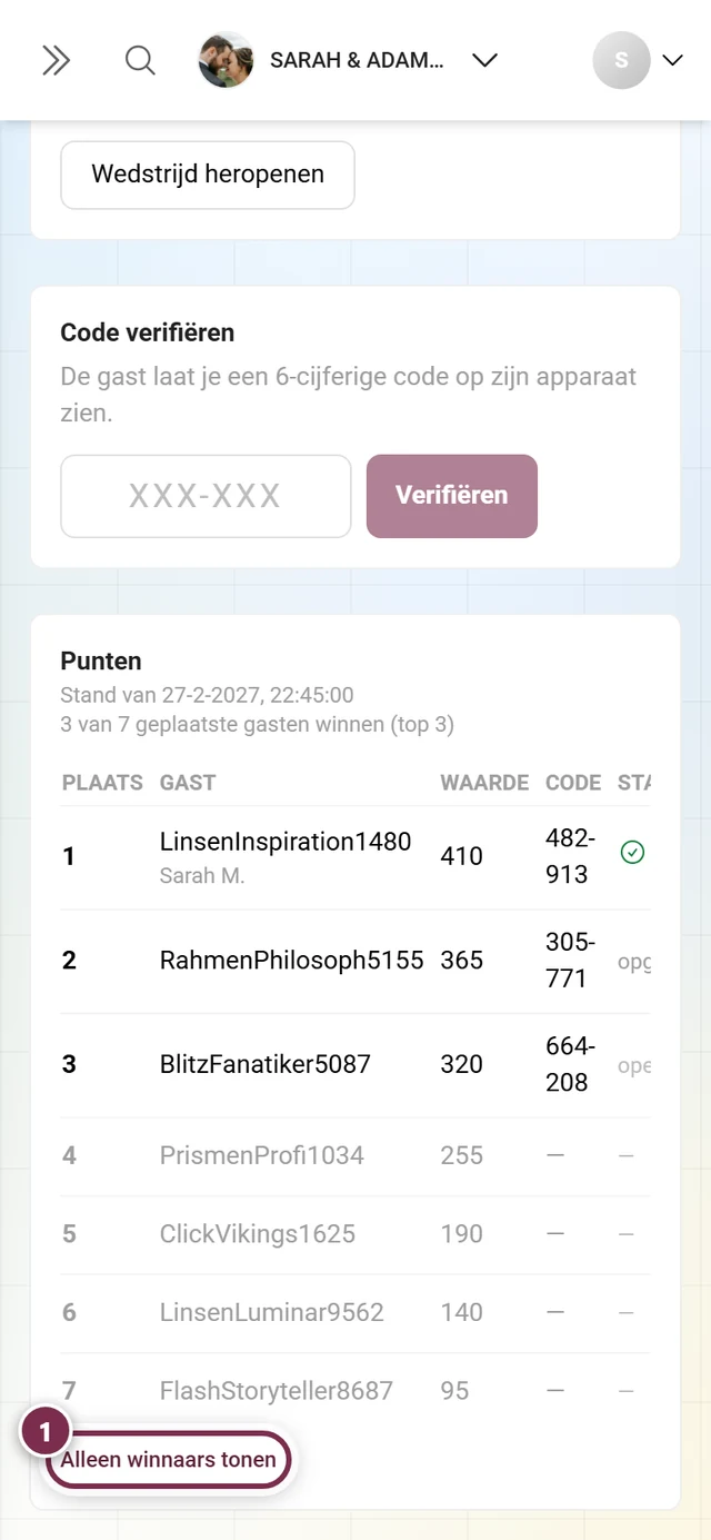 Winnaarstabel met alle zeven plaatsen, plaats vier tot en met zeven zonder code