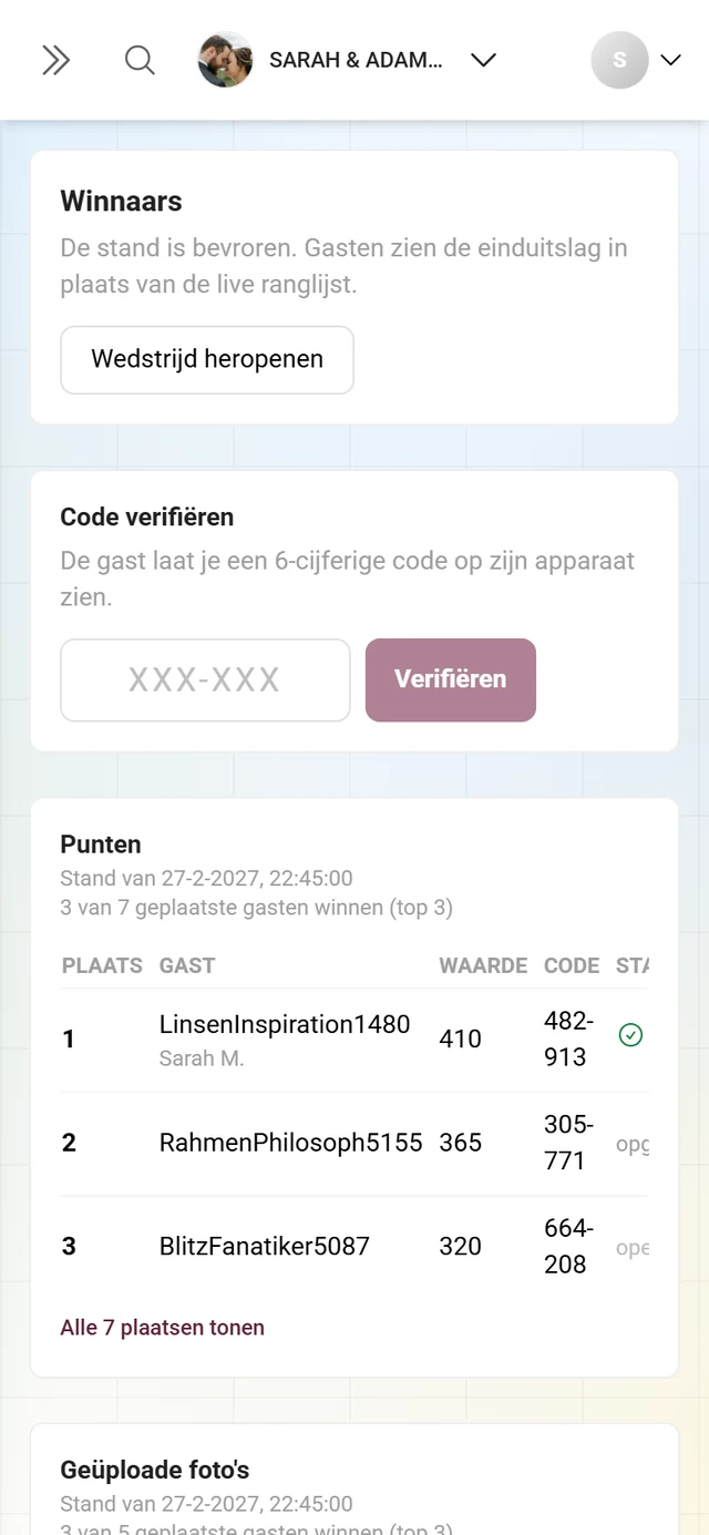Twee tabellen onder elkaar, Punten en Geüploade foto's, elk met eigen winnaars