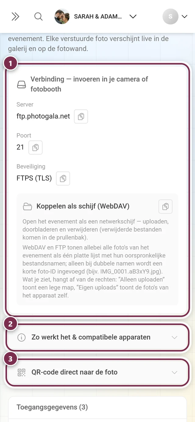 Pagina Live upload met gemarkeerde verbindingskaart en de twee uitklapbare onderdelen
