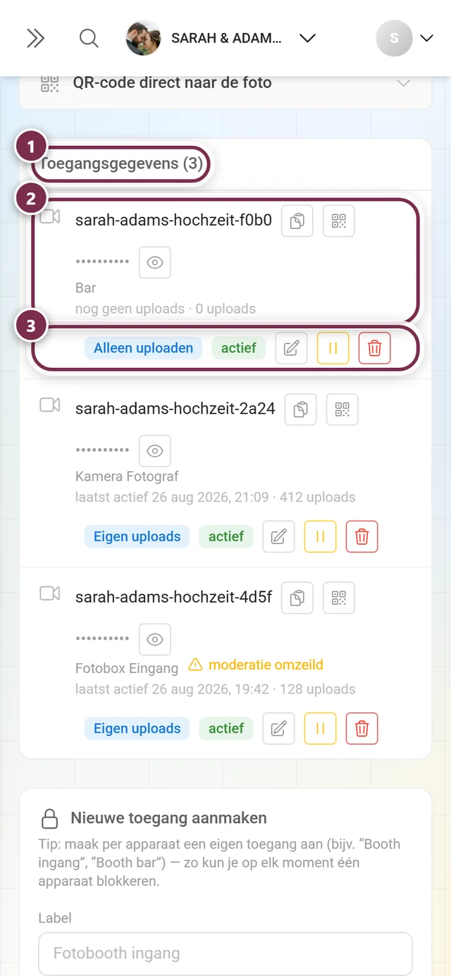 Lijst met aangemaakte toegangen met gemarkeerde kop en een gemarkeerde rij