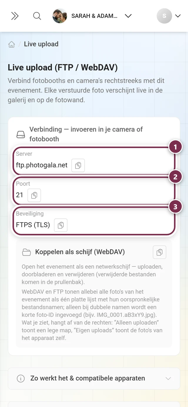 Verbindingskaart met gemarkeerde velden Server, Poort en Beveiliging