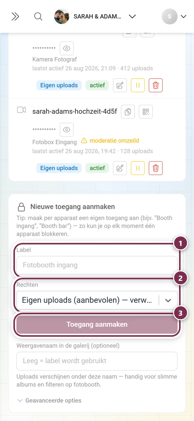 Formulier Nieuwe toegang aanmaken met gemarkeerd veld Label, gemarkeerde keuze Rechten en gemarkeerde knop Toegang aanmaken