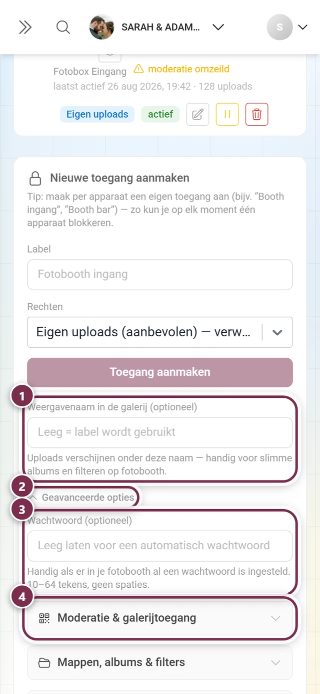 Formulier voor een nieuwe toegang met gemarkeerde weergavenaam, uitklapper Geavanceerde opties, wachtwoordveld en de eerste groep opties