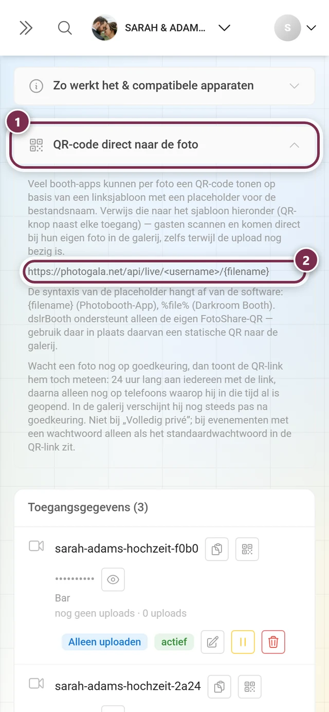 Uitgeklapt onderdeel QR-code direct naar de foto met gemarkeerd linksjabloon