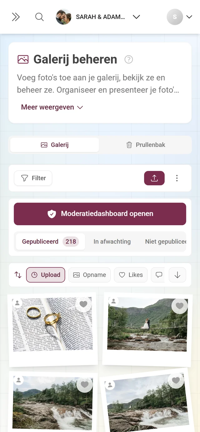 Pagina Galerij beheren met tabbladen, actiebalk, moderatiepaneel, sorteerbalk en fotoraster