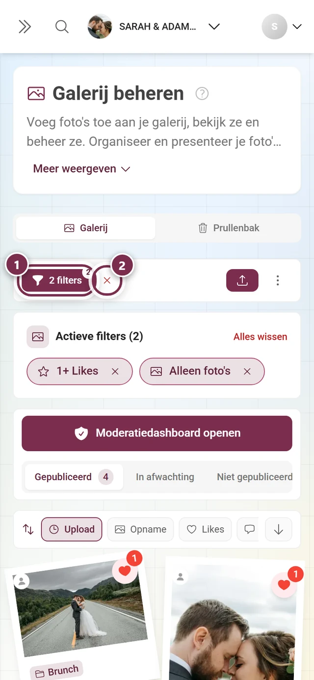 Actiebalk met gekleurde filterknop inclusief aantal en het rode X ernaast
