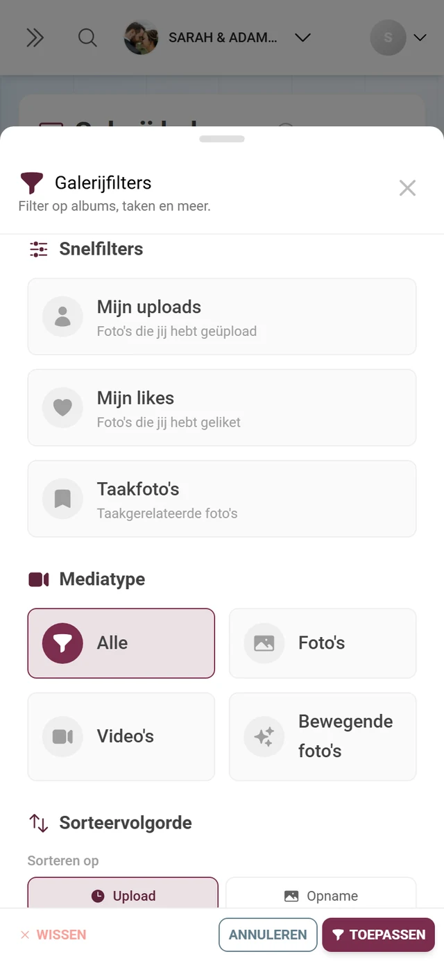 Dialoog Galerijfilters met snelfilters, mediatype, sorteervolgorde en albums