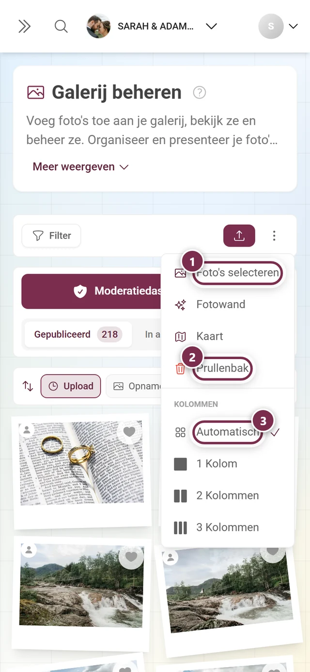 Geopend driepuntsmenu op de telefoon met Foto's selecteren, Fotowand, Kaart, Prullenbak en de groottekeuze