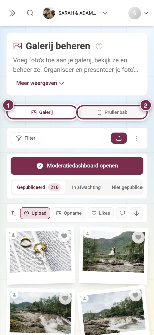 De tabbladbalk van de pagina met de gemarkeerde tabbladen Galerij en Prullenbak