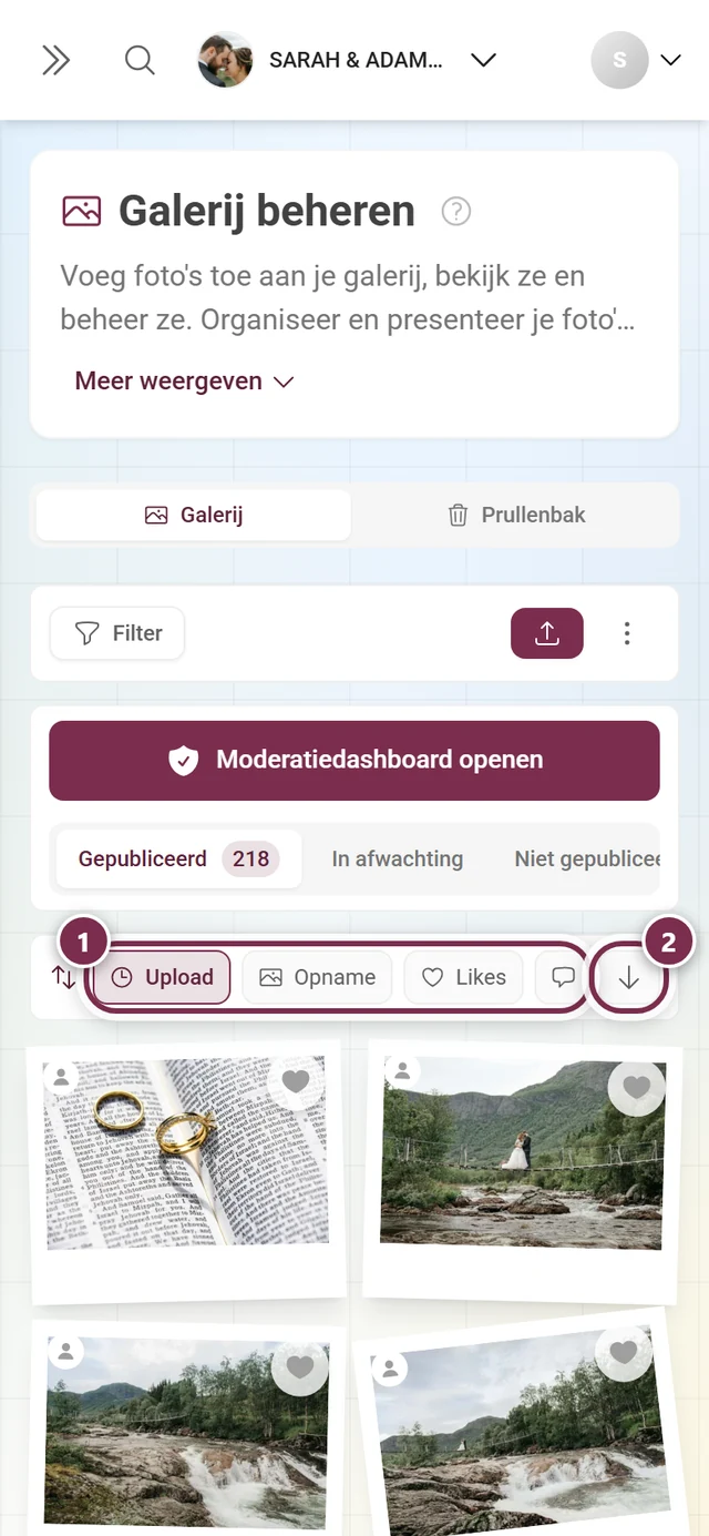 De sorteerbalk met gemarkeerde criteria en gemarkeerde richtingsknop