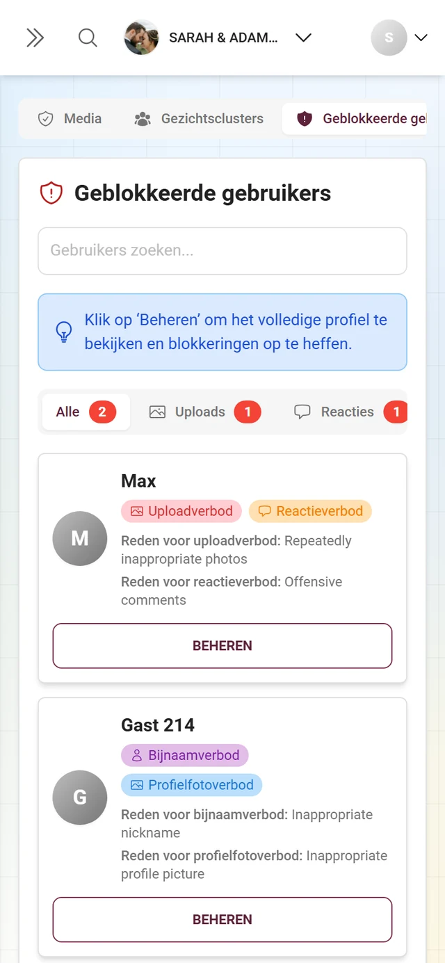 Tabblad Geblokkeerde gebruikers met subtabbladen en de geblokkeerde personen met blokkeringsbadges