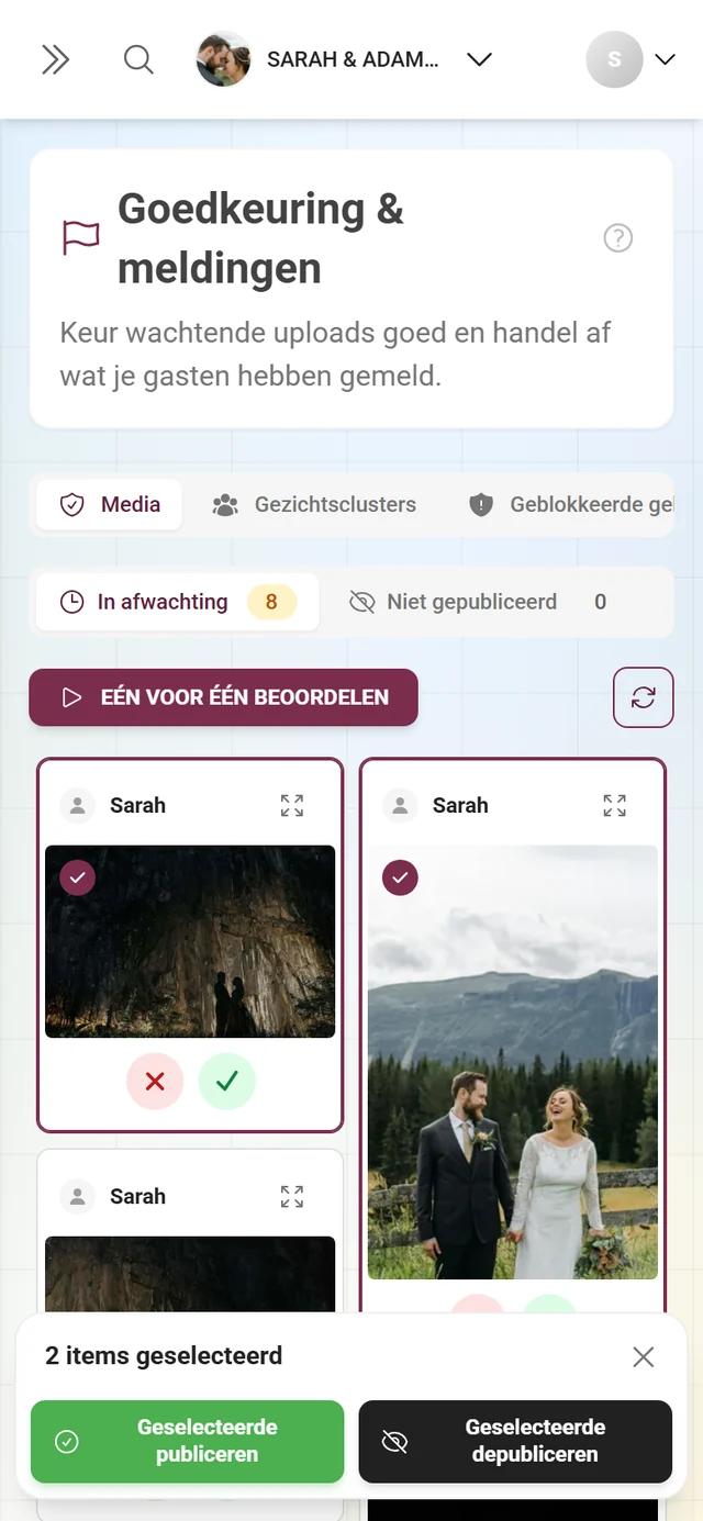 Twee geselecteerde kaarten met selectiering en de zwevende balk met Geselecteerde publiceren, Geselecteerde depubliceren en het kruisje om de selectie te wissen