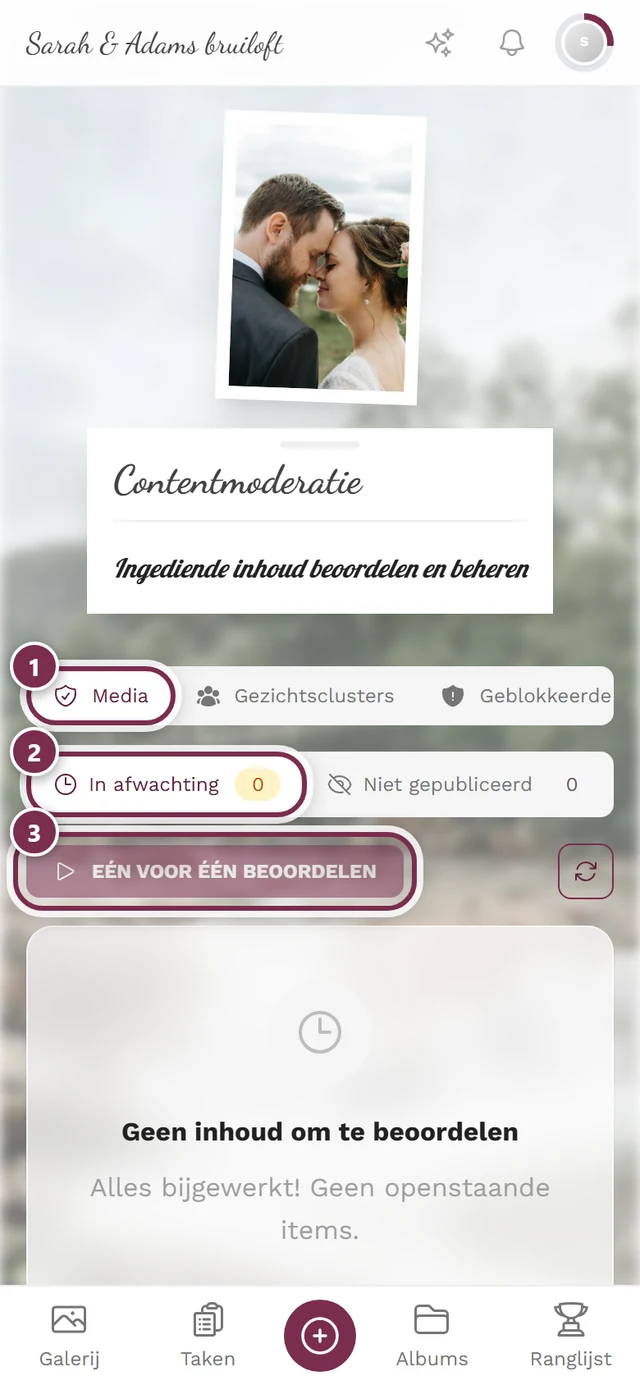 Moderatiepagina zonder adminkader met gemarkeerde tabbladbalk, statusfilter en beoordelingsmodus