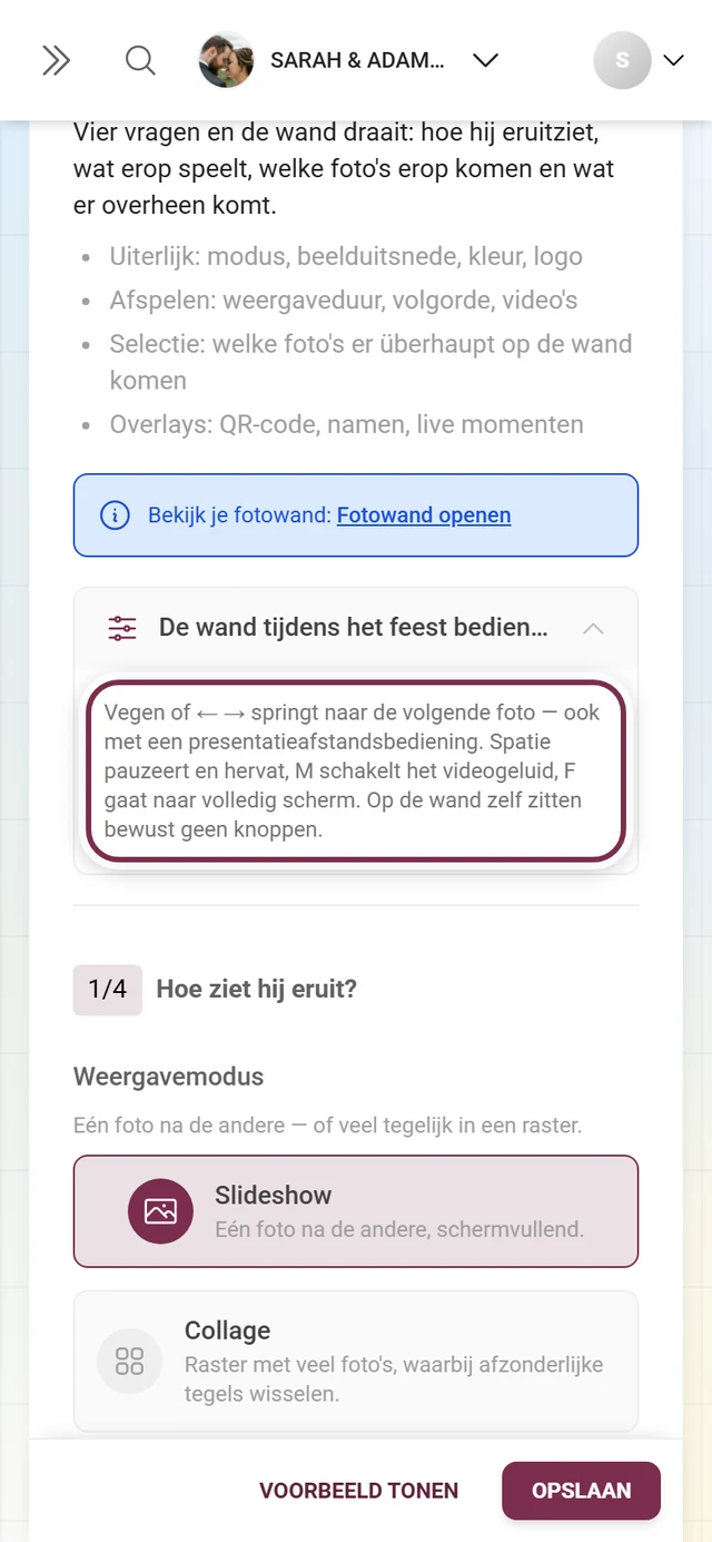 Uitgeklapt gedeelte De wand tijdens het feest bedienen met de toetsbindingen