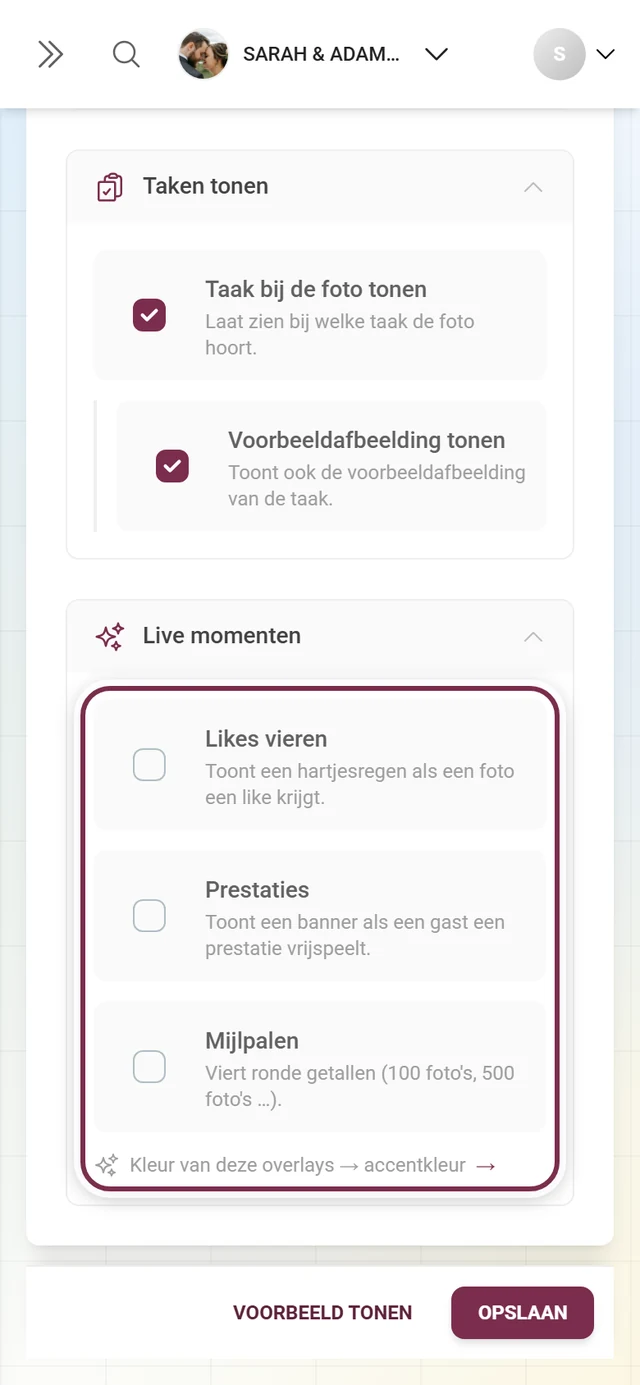 Uitgeklapt gedeelte Live momenten met de schakelaars Likes vieren, Prestaties en Mijlpalen