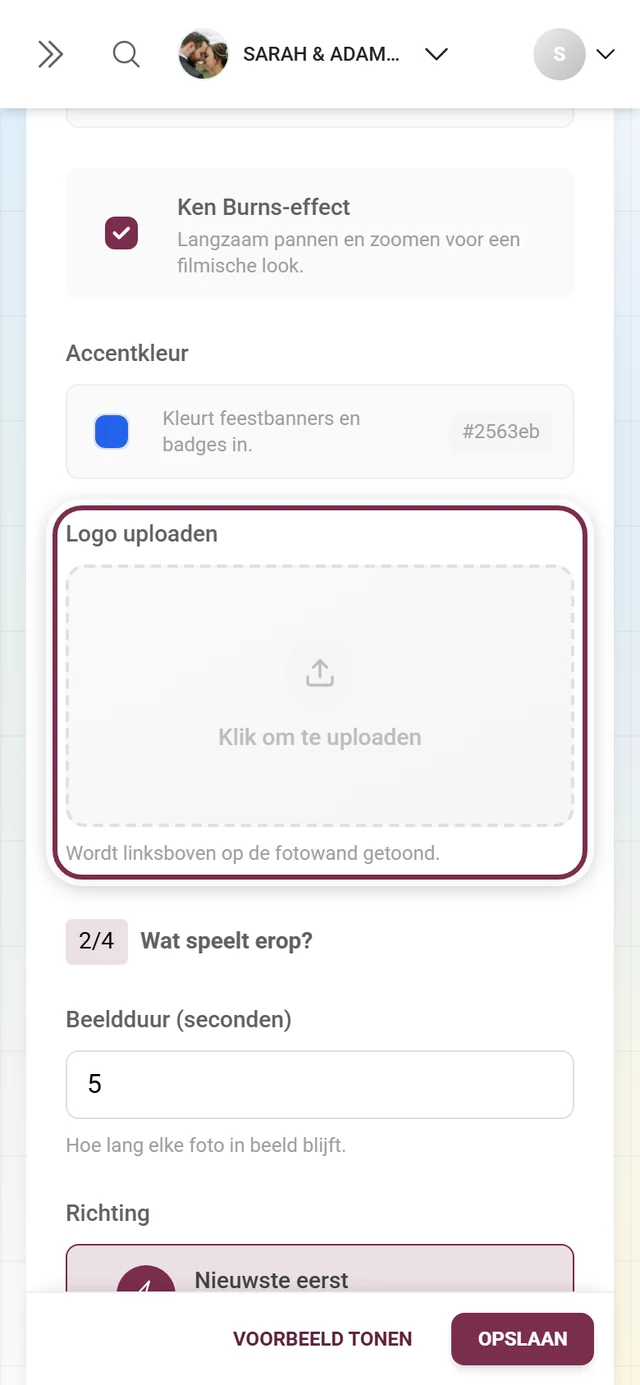 Uploadveld voor het fotowand-logo in vraag 1 van de fotowand-instellingen