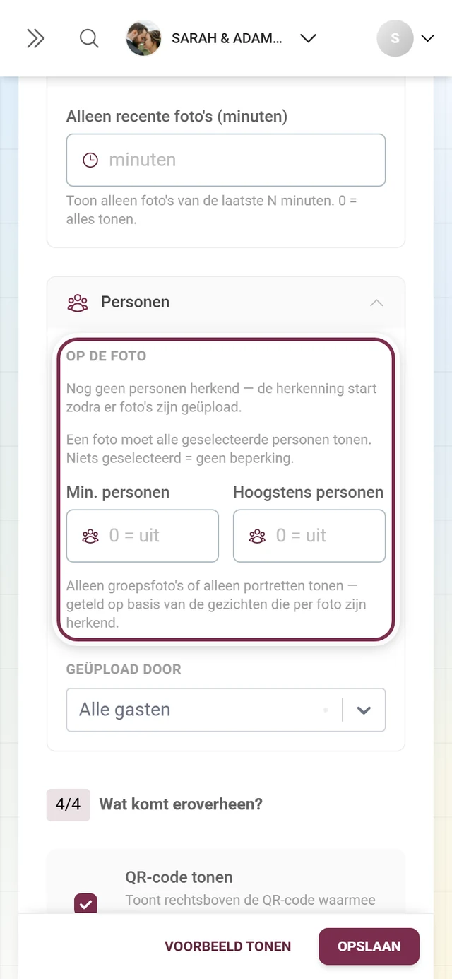 Gedeelte Personen in het fotowand-tabblad met de personenfilter respectievelijk de melding over gezichtsherkenning