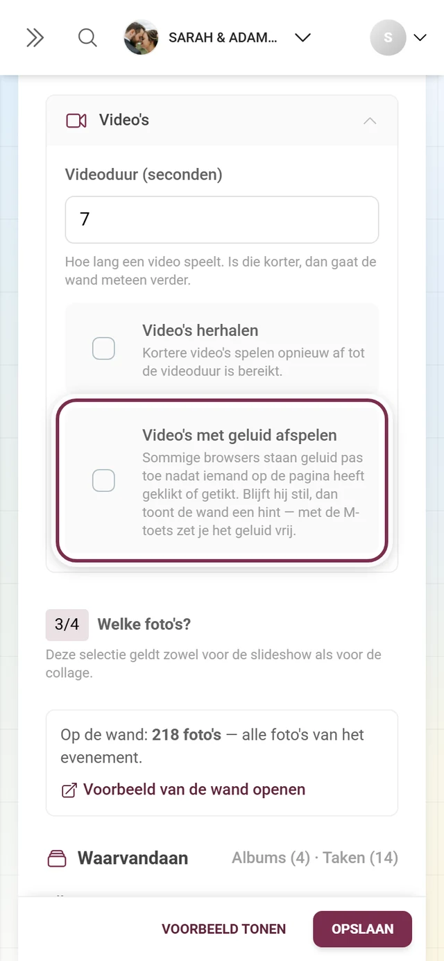 Uitgeklapt gedeelte Video's met de gemarkeerde schakelaar Video's met geluid afspelen