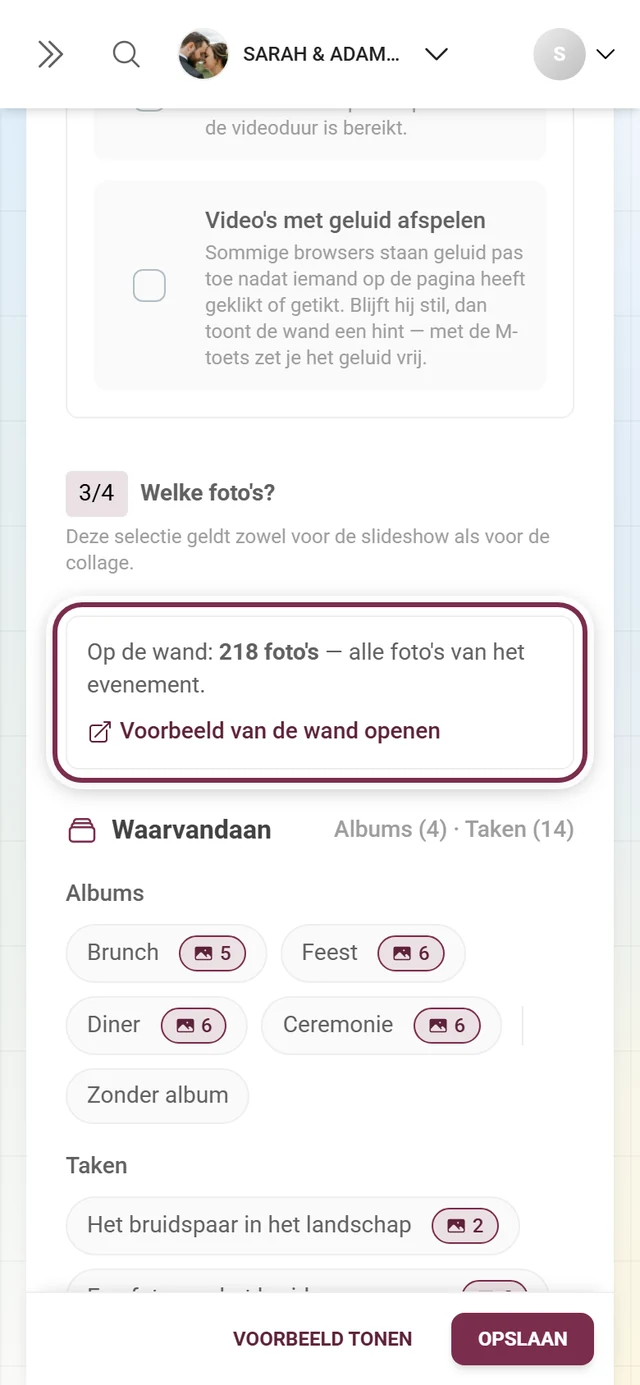 Koptekst van de vraag Welke foto's met de regel Op de wand en de actieve beperkingen