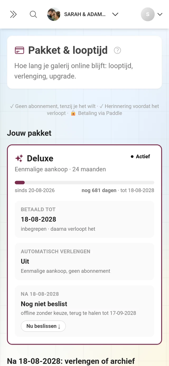 Pakketoverzicht van de gastheer met huidig plan en limieten