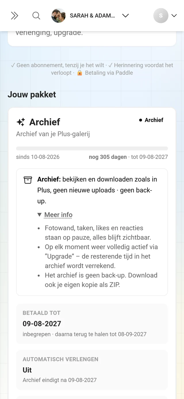 Kaart Jouw pakket in het archief met paarse rand, pil Archief, looptijdbalk en opengeklapte melding over het archief