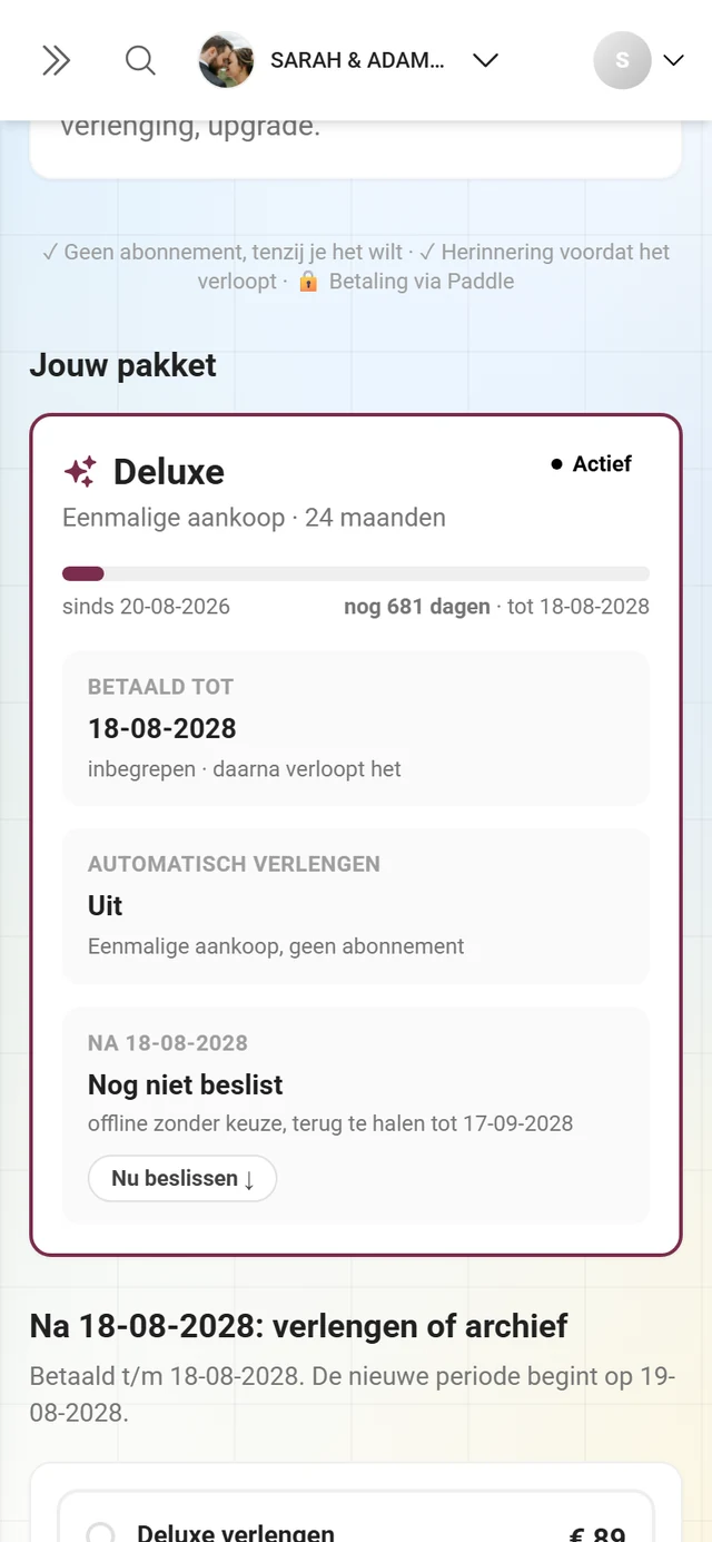Kaart Jouw pakket met looptijdbalk en de tegels Betaald tot, Automatisch verlengen en Na de einddatum