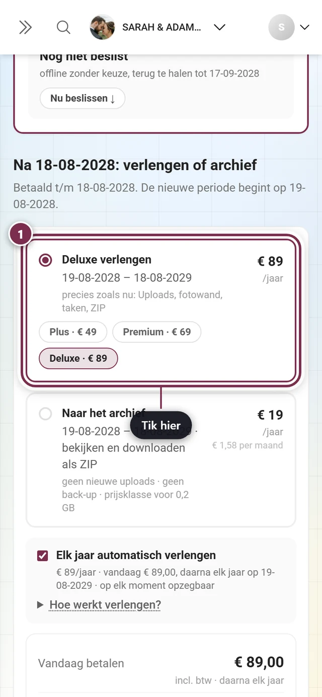 Blok Na datum: verlengen of archief met gekozen tegel Pakket verlengen, samenvatting en knop Verder naar betaling