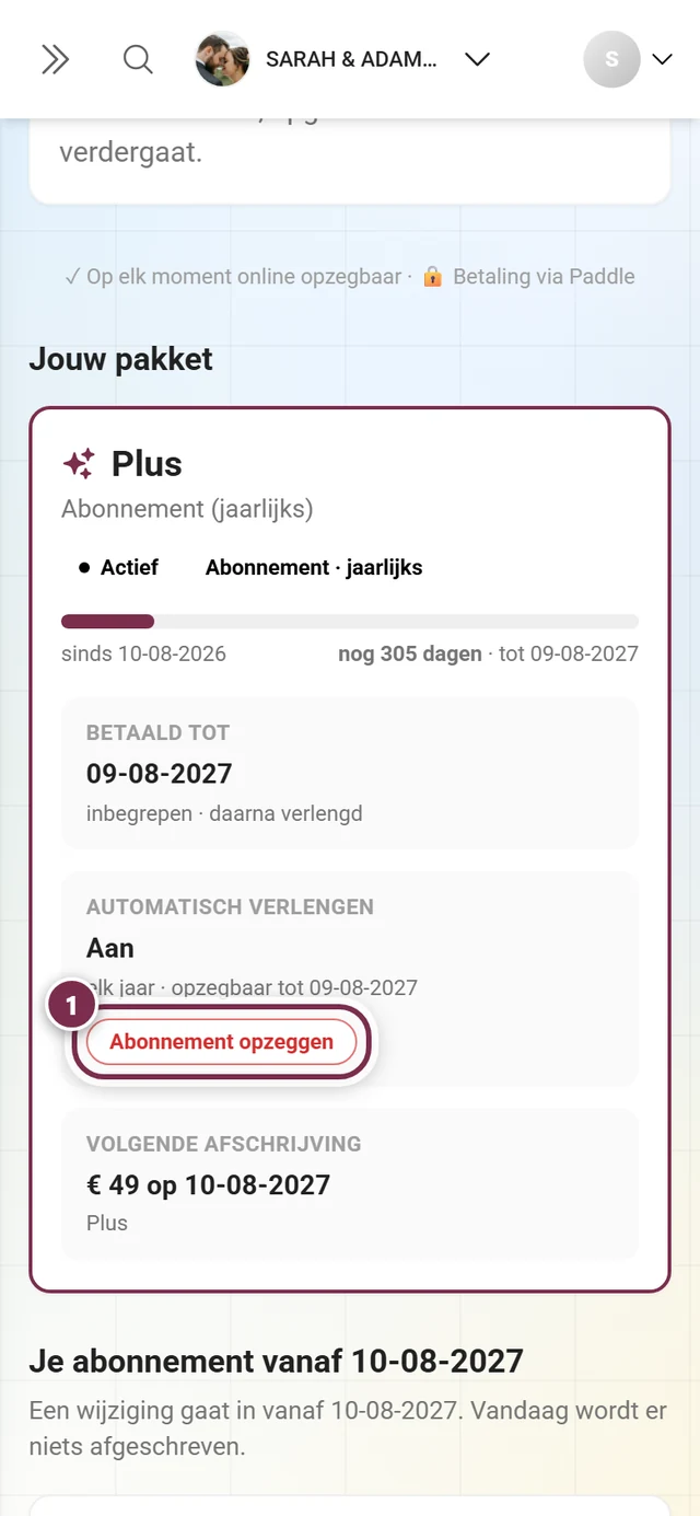 Kaart Jouw pakket met de pillen Actief en Abonnement · jaarlijks, de tegels Automatisch verlengen Aan en Volgende afschrijving en de knop Abonnement opzeggen