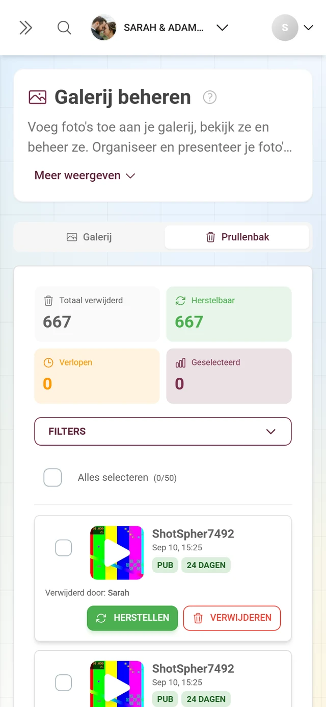 Prullenbakweergave met statistiektegels en een lijst met verwijderde foto's