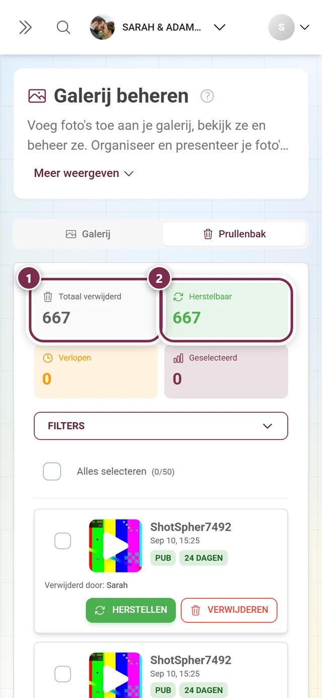 Statistiektegels van de prullenbak, met Totaal verwijderd en Herstelbaar gemarkeerd