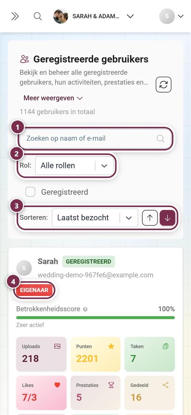 Deelnemersbeheer met gemarkeerd zoekveld, rolfilter, sortering en rolchip