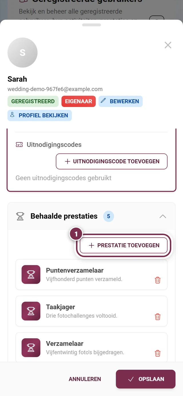 Prestatiesgedeelte in het deelnemersvenster met de knop Prestatie toevoegen gemarkeerd