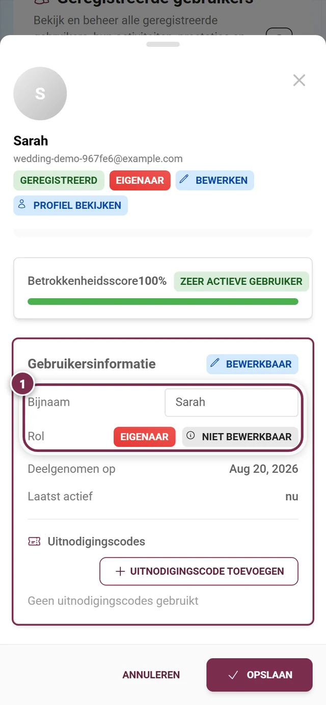Detailvenster van een deelnemer in bewerkmodus met de rolrij gemarkeerd